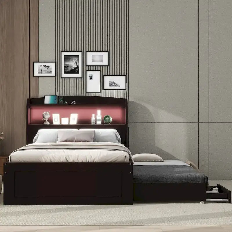 Lit plateforme Twin XL avec rangement et tête de lit LED, station de charge, lit gigogne simple et 2 tiroirs