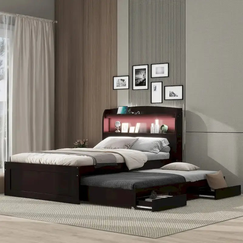 Lit plateforme Twin XL avec rangement et tête de lit LED, station de charge, lit gigogne simple et 2 tiroirs