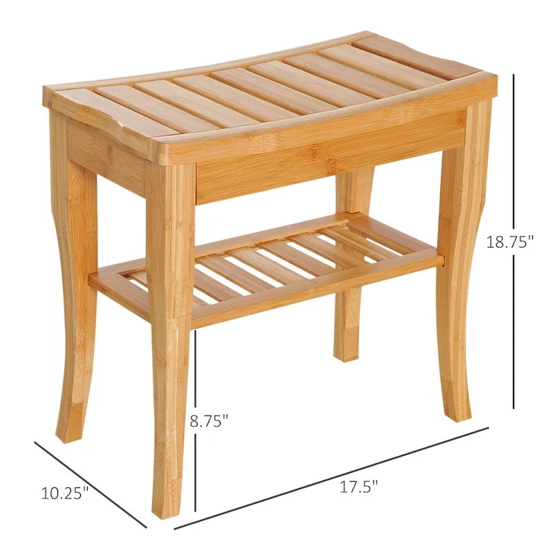 Long banc de douche en bambou, tabouret de douche en bois avec étagère de rangement