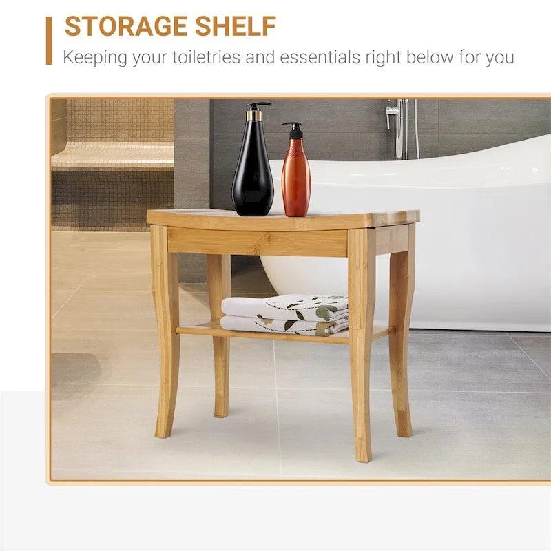 Long banc de douche en bambou, tabouret de douche en bois avec étagère de rangement