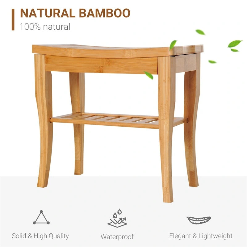 Long banc de douche en bambou, tabouret de douche en bois avec étagère de rangement