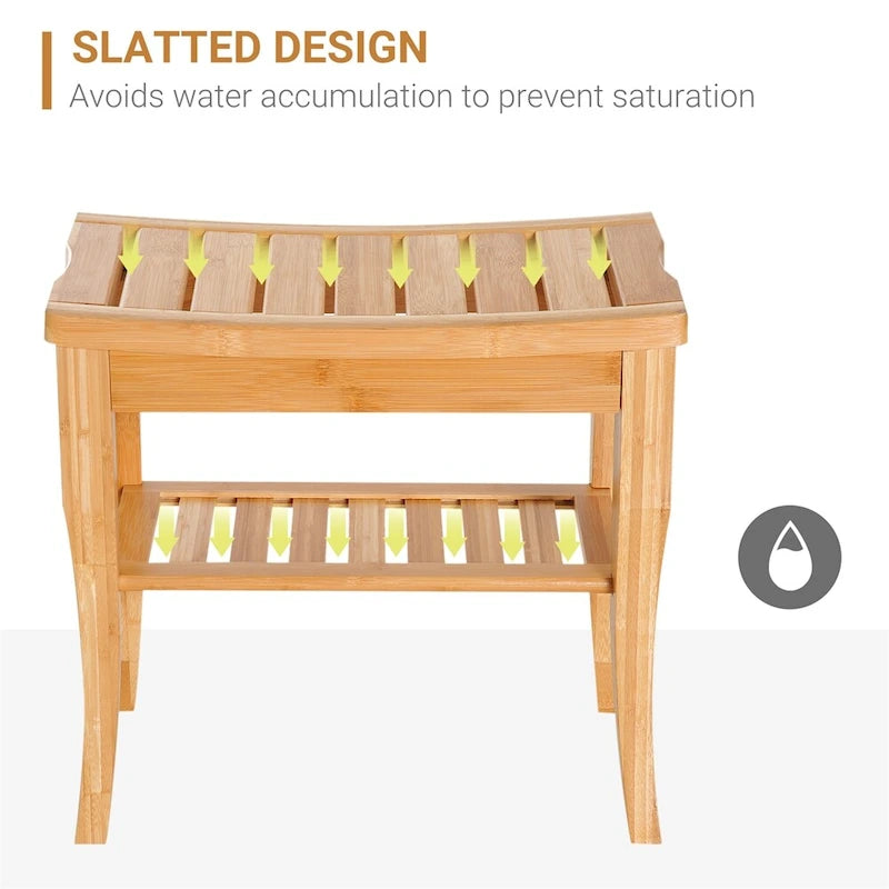 Long banc de douche en bambou, tabouret de douche en bois avec étagère de rangement