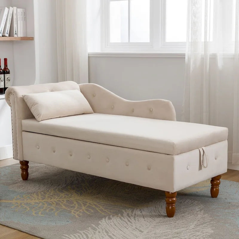 Chaise longue d'intérieur, chaise longue pour chambre avec rangement et oreiller, chaise longue rembourrée moderne à accoudoirs roulés pour le repos