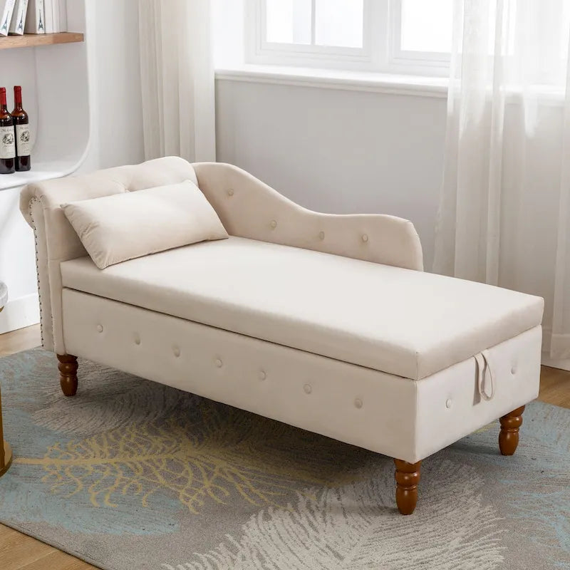 Chaise longue d'intérieur, chaise longue pour chambre avec rangement et oreiller, chaise longue rembourrée moderne à accoudoirs roulés pour le repos