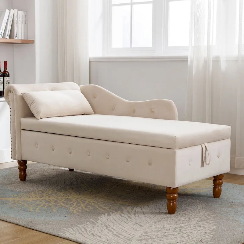 Chaise longue d'intérieur, chaise longue pour chambre avec rangement et oreiller, chaise longue rembourrée moderne à accoudoirs roulés pour le repos
