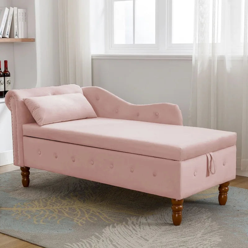 Chaise longue d'intérieur, chaise longue pour chambre avec rangement et oreiller, chaise longue rembourrée moderne à accoudoirs roulés pour le repos