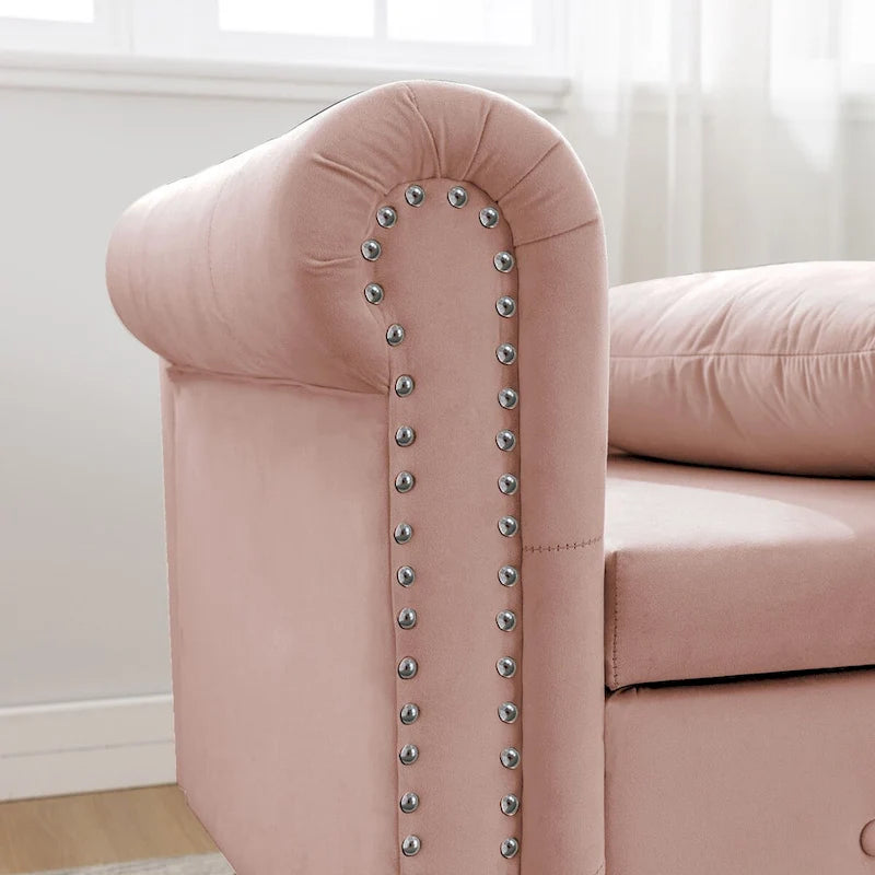 Chaise longue d'intérieur, chaise longue pour chambre avec rangement et oreiller, chaise longue rembourrée moderne à accoudoirs roulés pour le repos