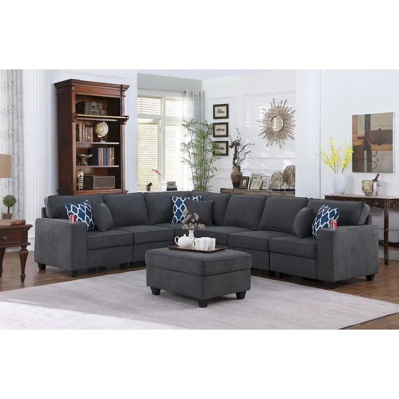Canapé d'angle en L avec pouf, gris pierre