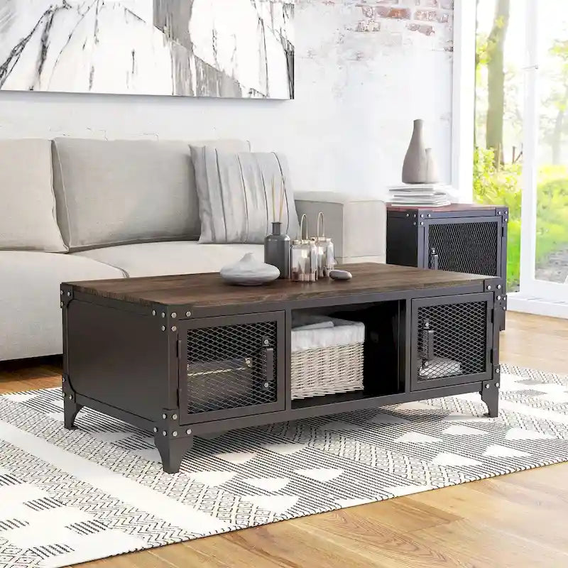 Ensemble de table basse et de table d'appoint à deux pièces en acier noyer foncé, style campagnard
