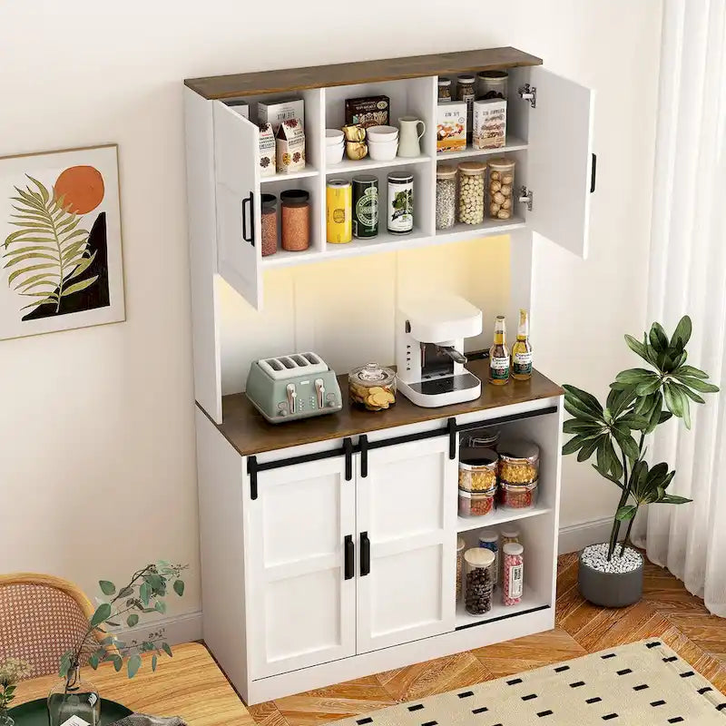 Meuble bar de ferme avec porte coulissante, grand buffet de cuisine, table de chevet de bar à café rustique, blanc