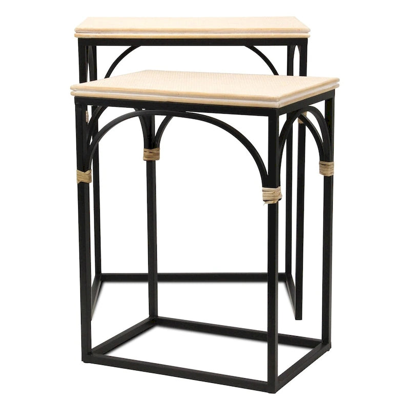 Ensemble de deux tables d'appoint rectangulaires en rotin, bois et métal