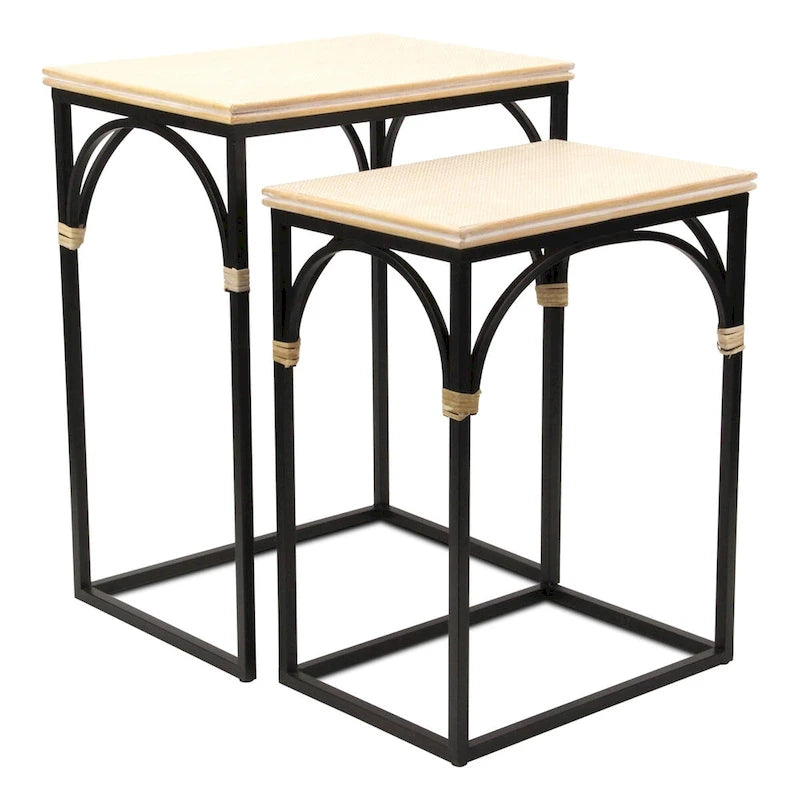 Ensemble de deux tables d'appoint rectangulaires en rotin, bois et métal