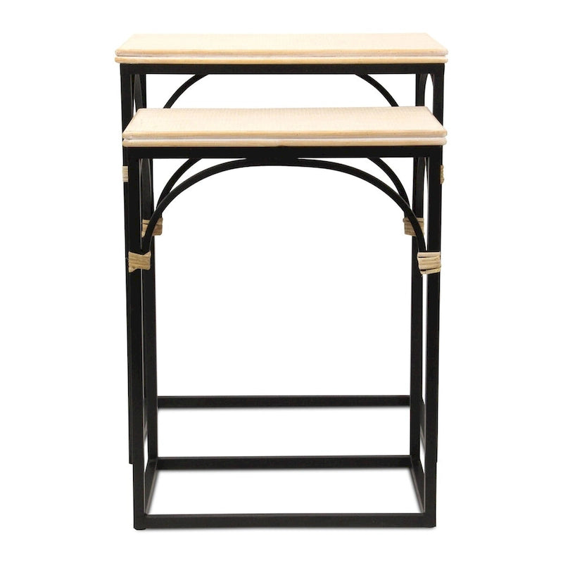Ensemble de deux tables d'appoint rectangulaires en rotin, bois et métal
