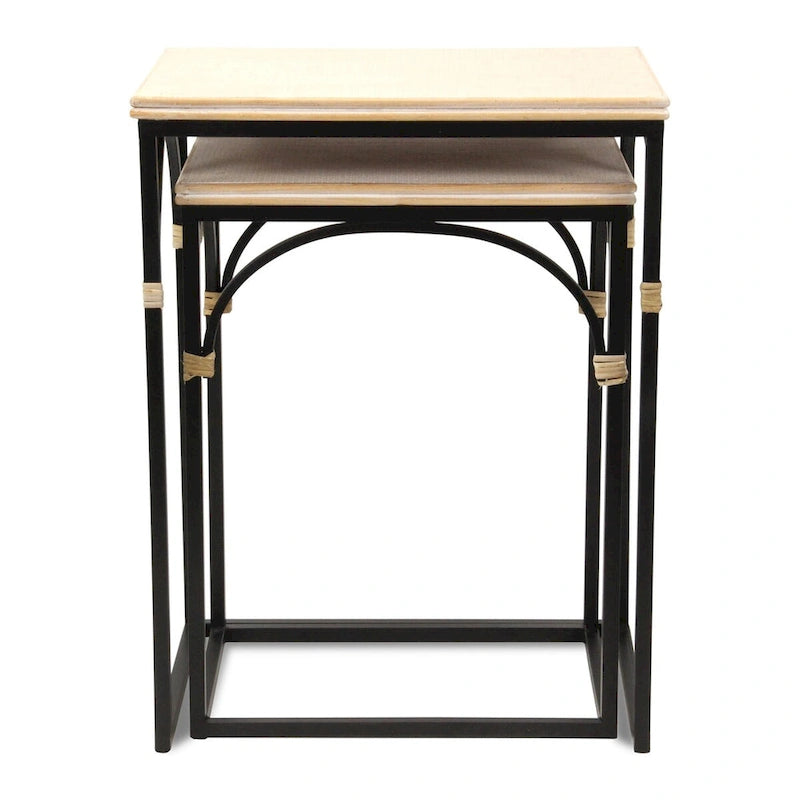 Ensemble de deux tables d'appoint rectangulaires en rotin, bois et métal