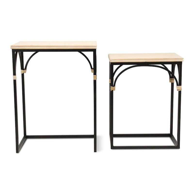 Ensemble de deux tables d'appoint rectangulaires en rotin, bois et métal