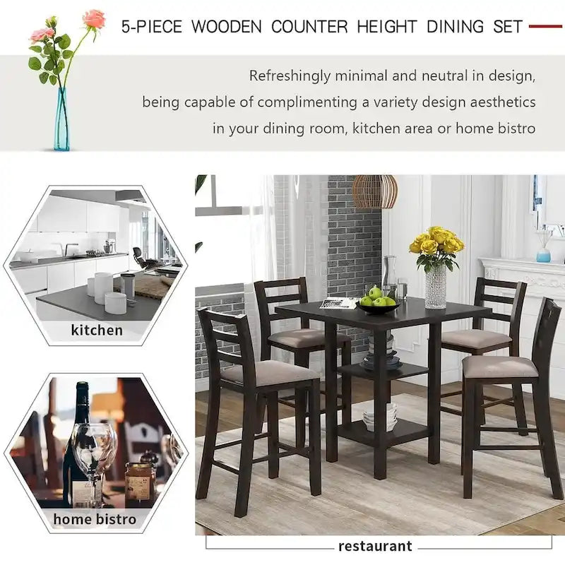 Comptoir de bar et ensemble de chaises en bois, avec chaises rembourrées et étagères de rangement.