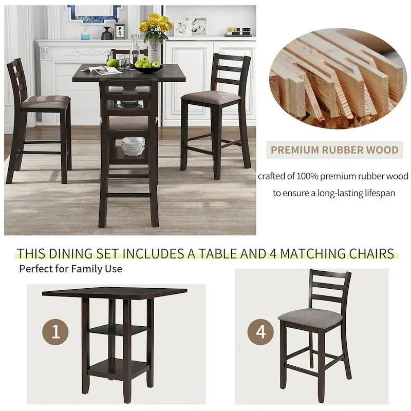 Comptoir de bar et ensemble de chaises en bois, avec chaises rembourrées et étagères de rangement.