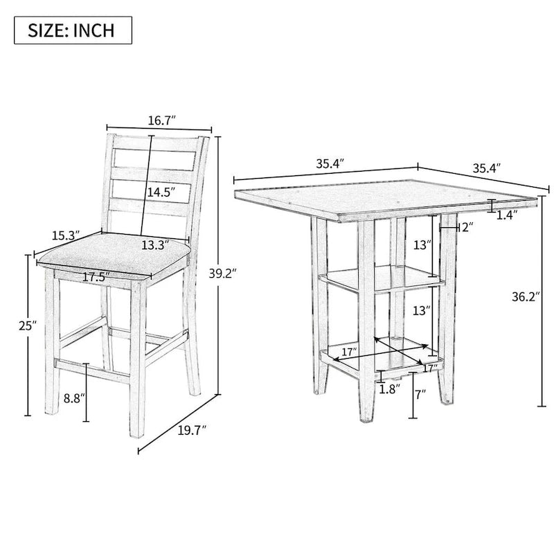 Comptoir de bar et ensemble de chaises en bois, avec chaises rembourrées et étagères de rangement.