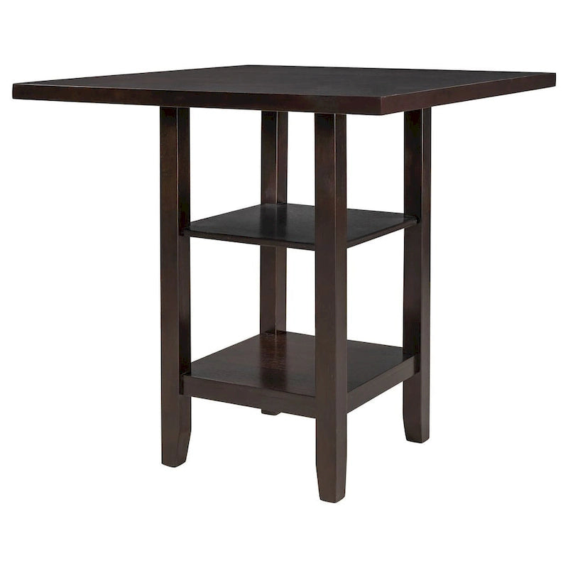 Comptoir de bar et ensemble de chaises en bois, avec chaises rembourrées et étagères de rangement.