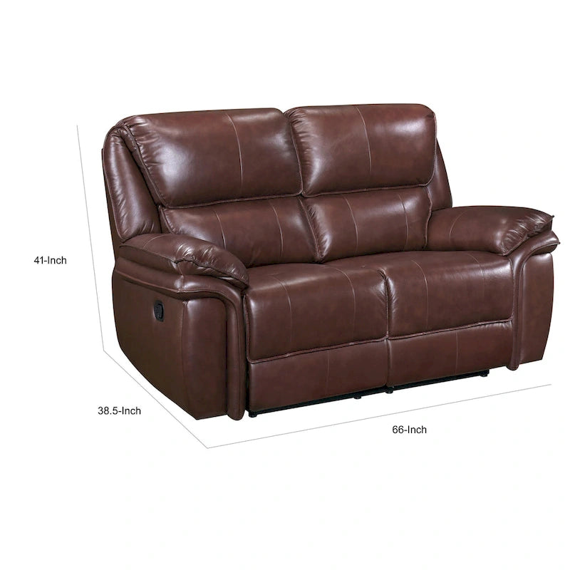 Causeuse inclinable manuelle Jack 66 pouces, cuir pleine fleur marron moelleux, bois