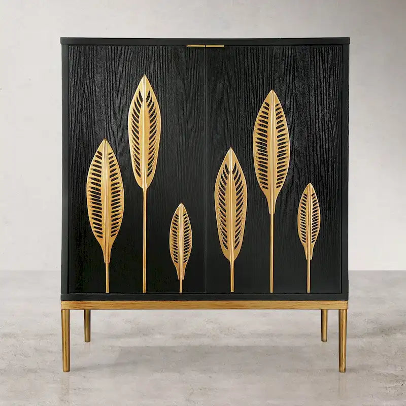 Bahut/Buffet deux portes Mid-Century Modern – Finition or antique, Meuble de rangement pour salon/salle à manger