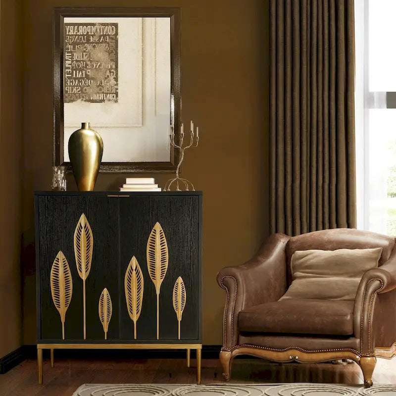 Bahut/Buffet deux portes Mid-Century Modern – Finition or antique, Meuble de rangement pour salon/salle à manger