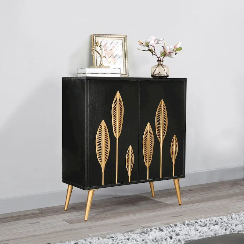 Bahut/Buffet deux portes Mid-Century Modern – Finition or antique, Meuble de rangement pour salon/salle à manger