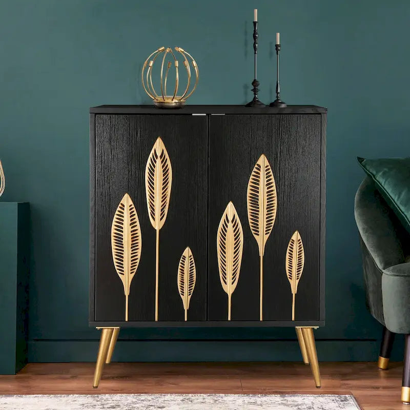 Bahut/Buffet deux portes Mid-Century Modern – Finition or antique, Meuble de rangement pour salon/salle à manger