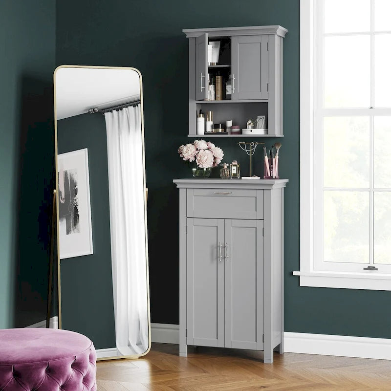 Meuble de rangement pour salle de bain et buanderie à deux portes avec tiroirs et étagères réglables - Gris - Non applicable